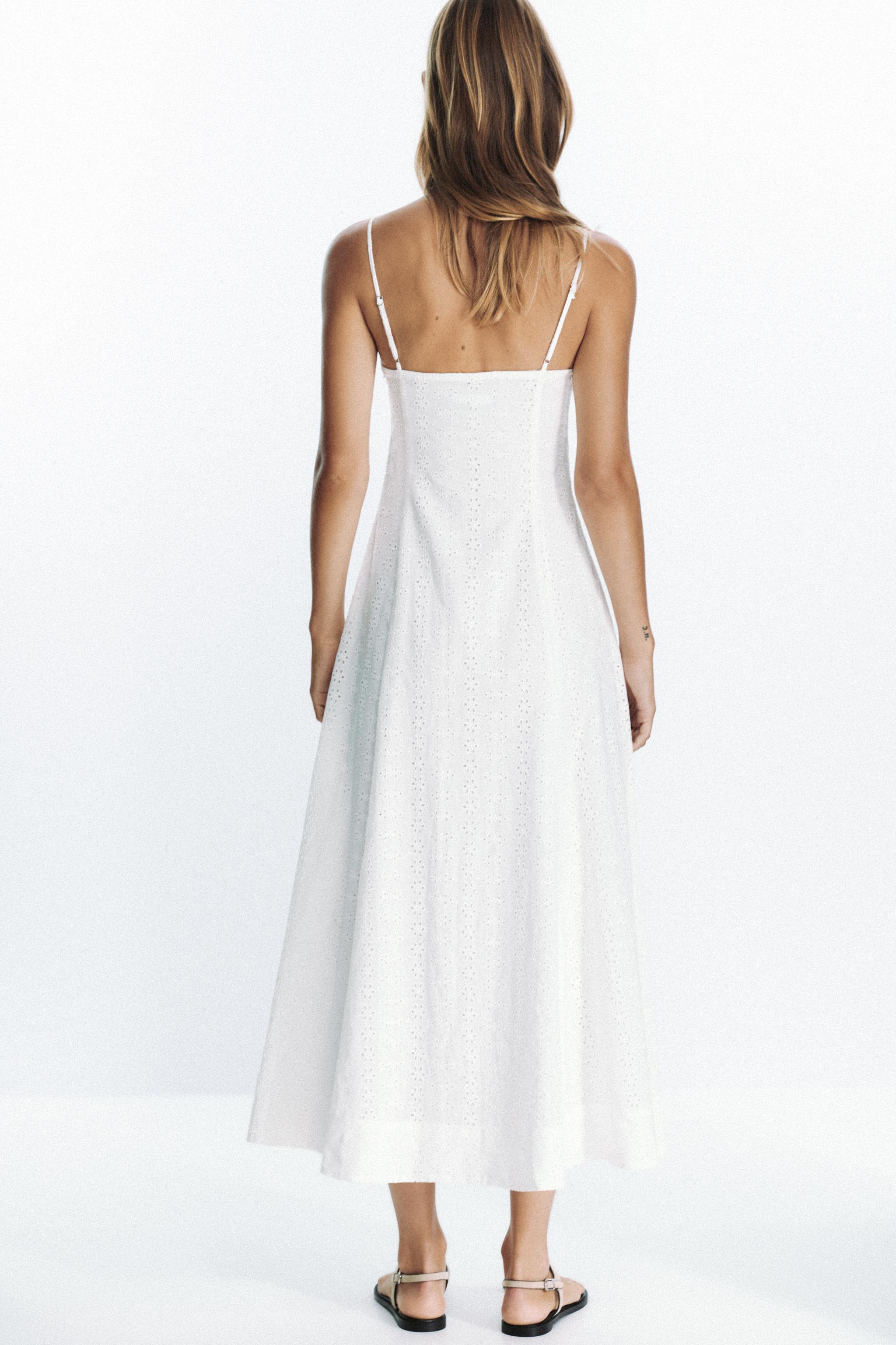 EMBROIDERED EYELET CORSET MIDI DRESS